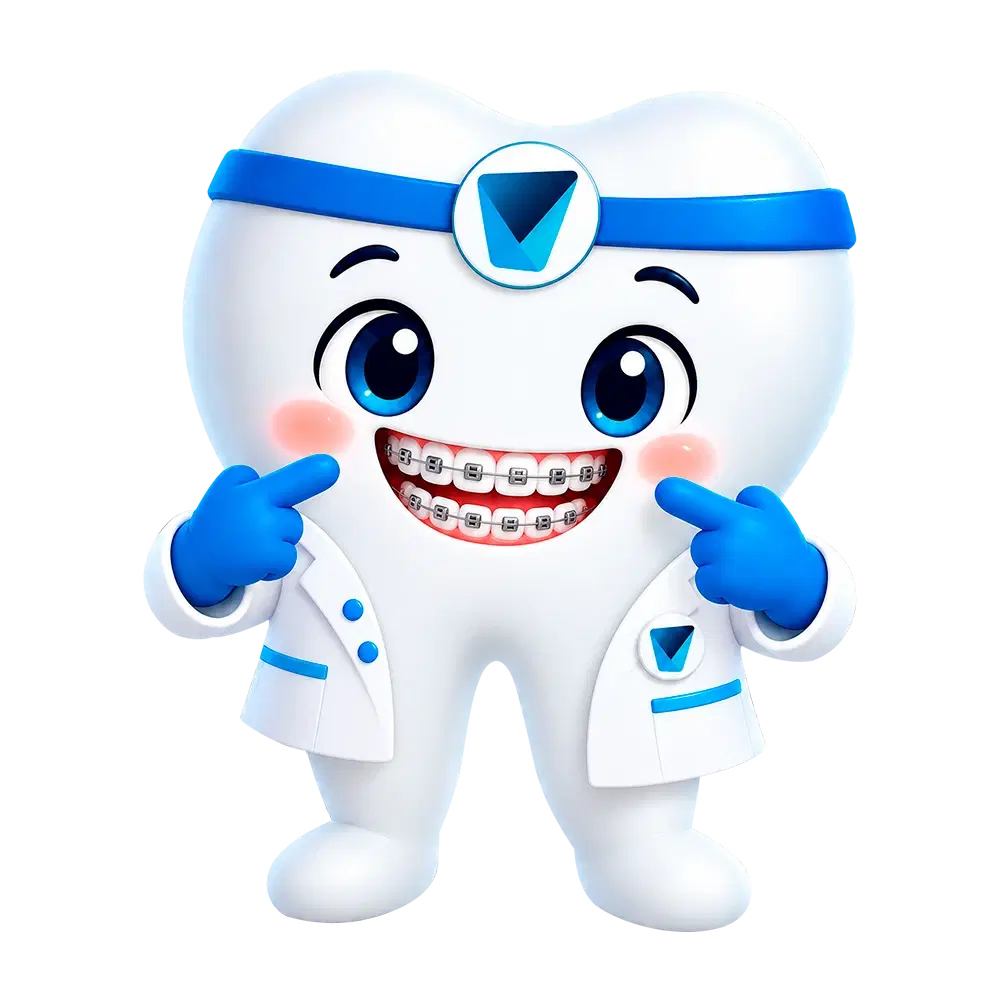 Dientín, la mascota de Dentistas por Chile, mostrando sus brackets