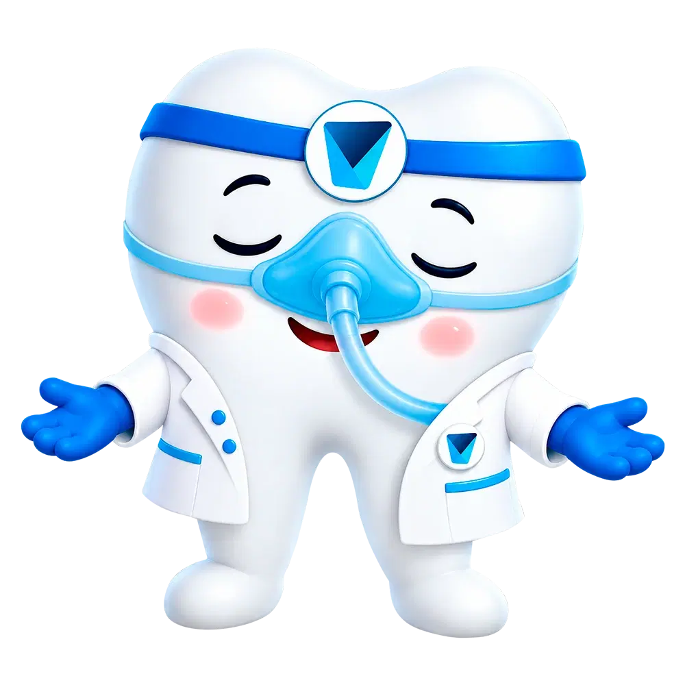 Dientín, la mascota de Dentistas por Chile, con la mascarilla de sedación
