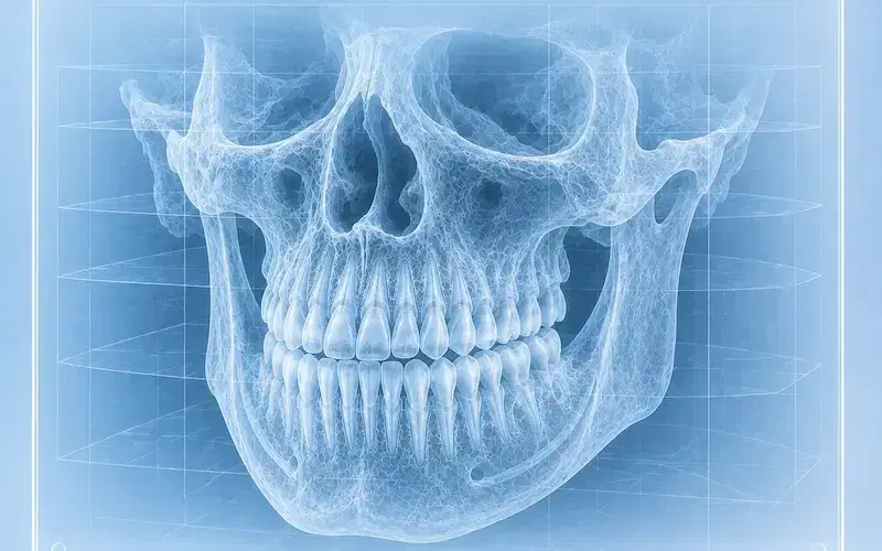 Escáner dental 3D de ambos maxilares revisado en el monitor del centro radiológico
