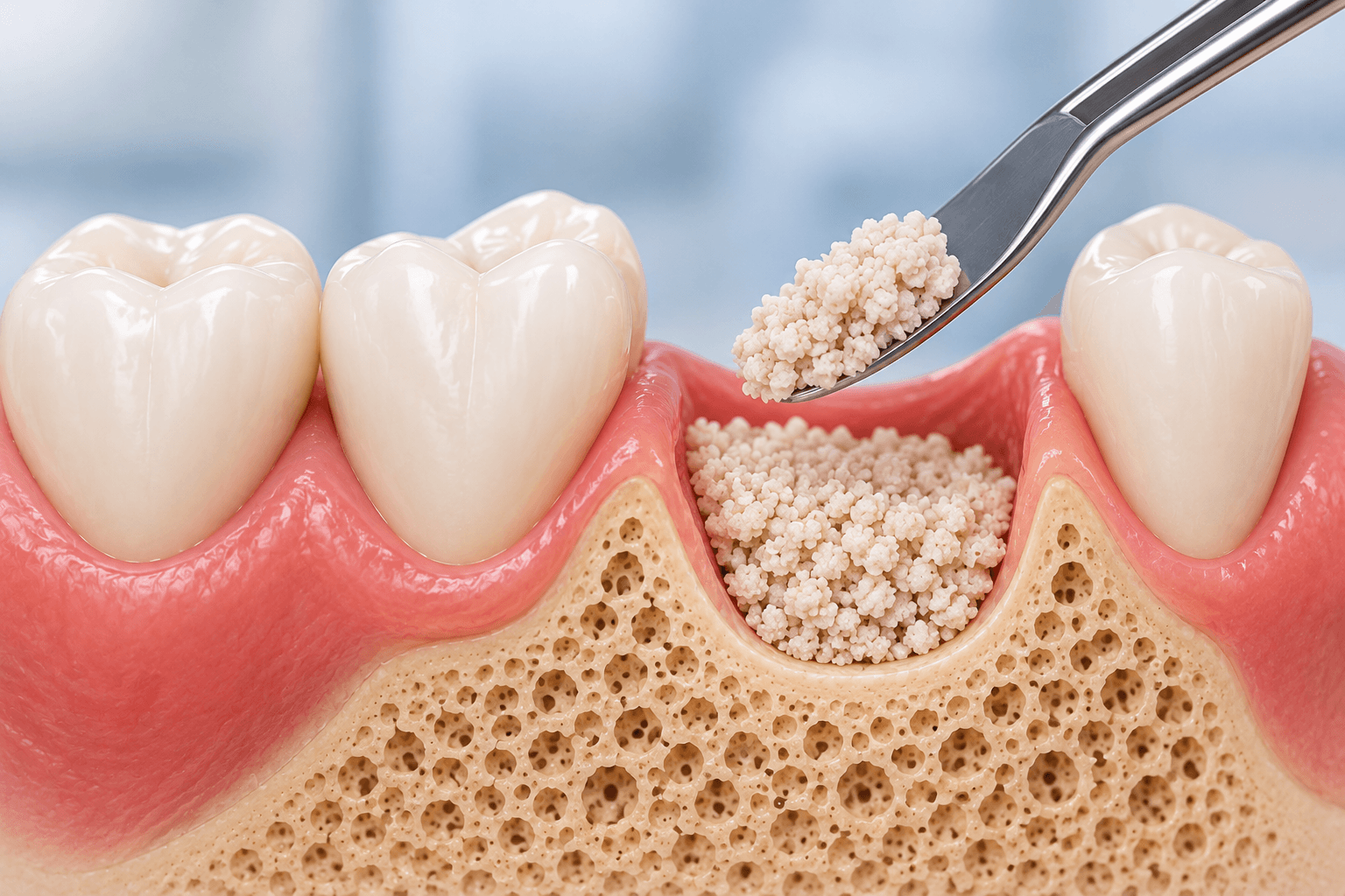 Ilustración médica del procedimiento de injerto óseo dental, que muestra la colocación de material de regeneración para aumentar el volumen del hueso y favorecer las condiciones necesarias para futuros implantes dentales. Procedimiento explicado por Clínica Dentistas por Chile, en Providencia, Santiago. Injerto óseo dental para la colocación de implantes